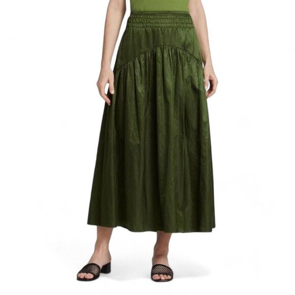 Vince Women's Size 4 Herb Metallic Green Smocked Midi Skirt - Picture 9 of 12